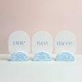 Wedding table numbers, blue and white eco resin terrazzo