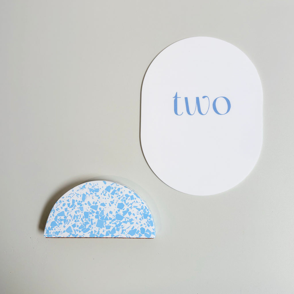 Wedding table numbers, blue and white eco resin terrazzo