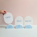 Wedding table numbers, blue and white eco resin terrazzo