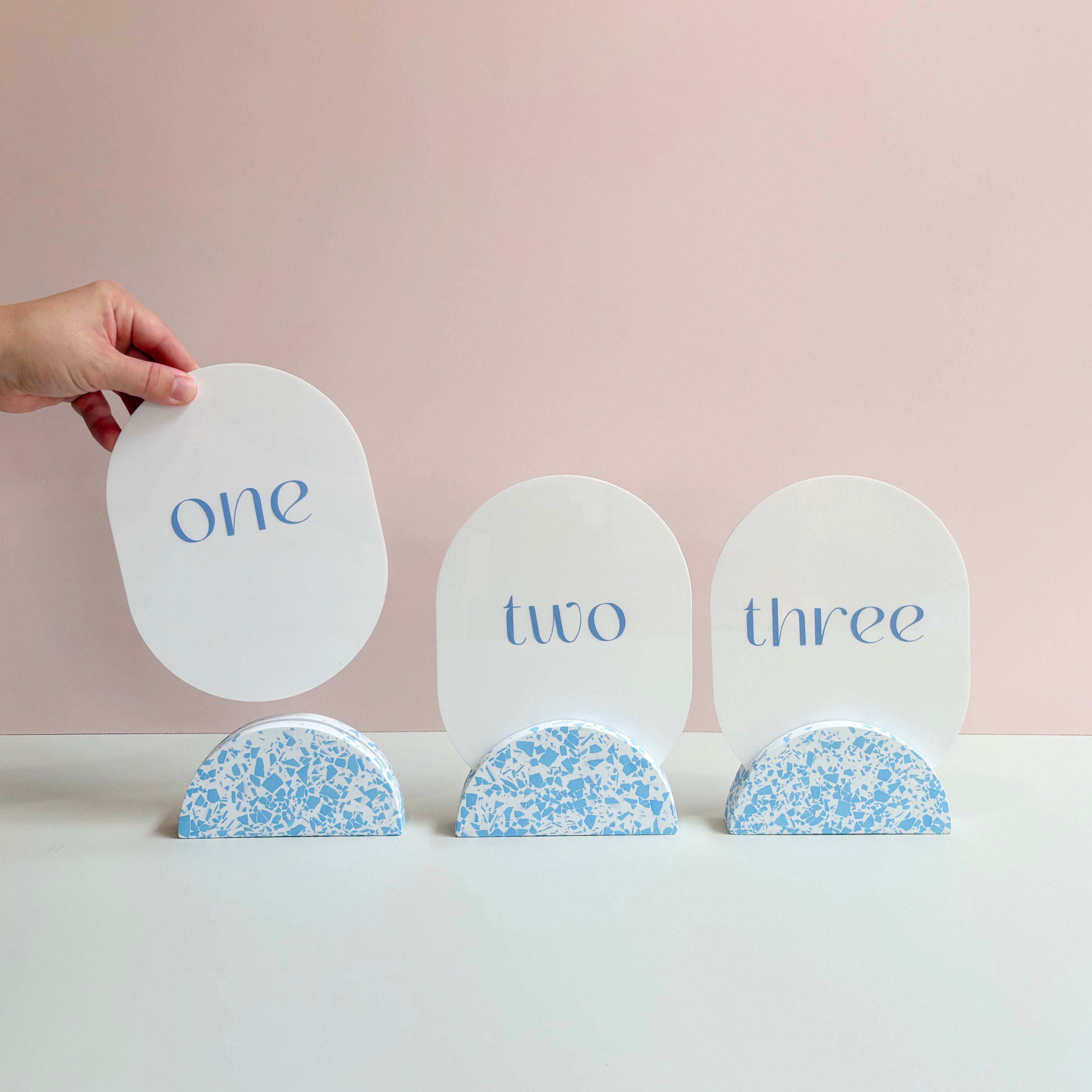 Wedding table numbers, blue and white eco resin terrazzo