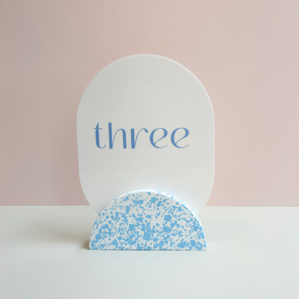 Wedding table numbers, blue and white eco resin terrazzo