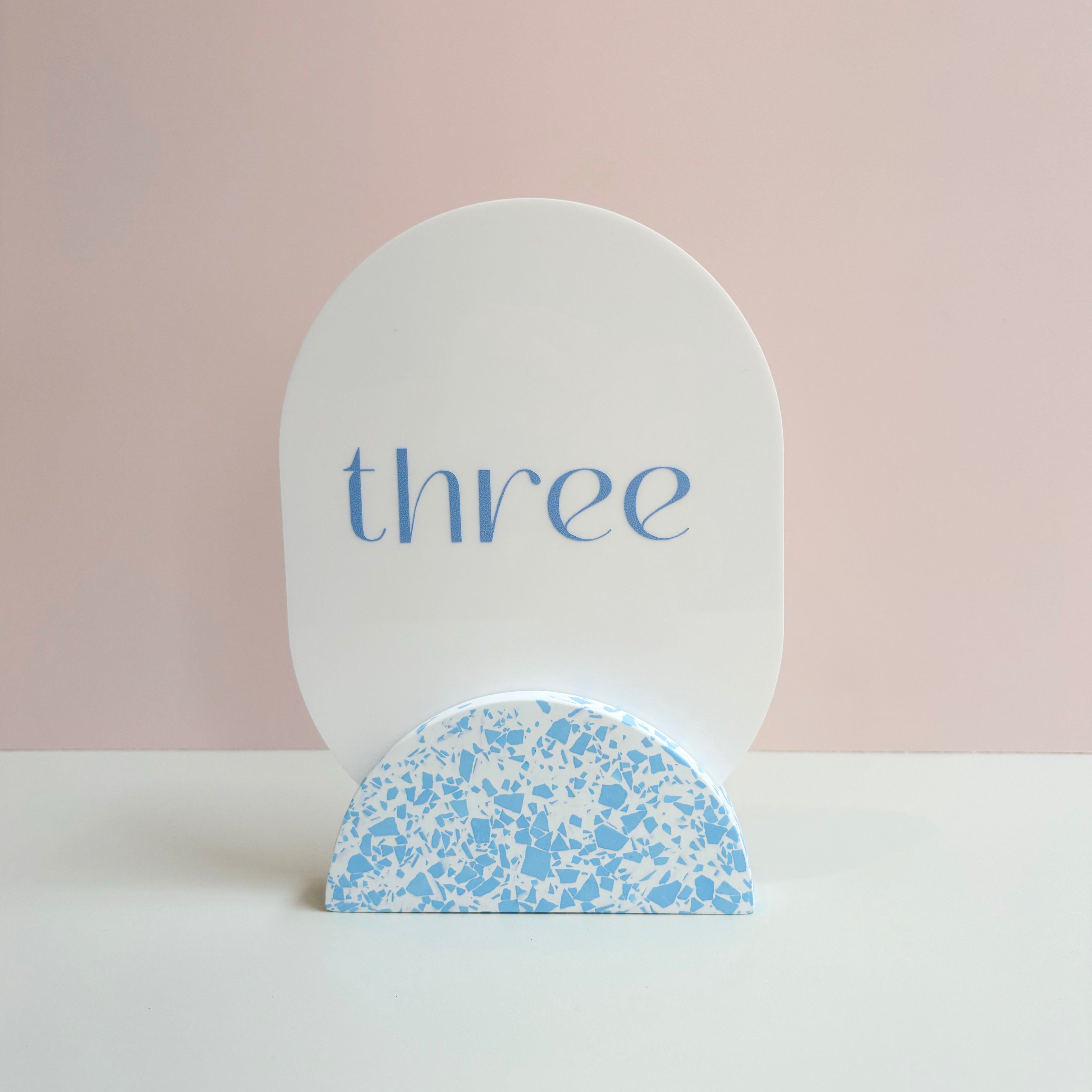 Wedding table numbers, blue and white eco resin terrazzo