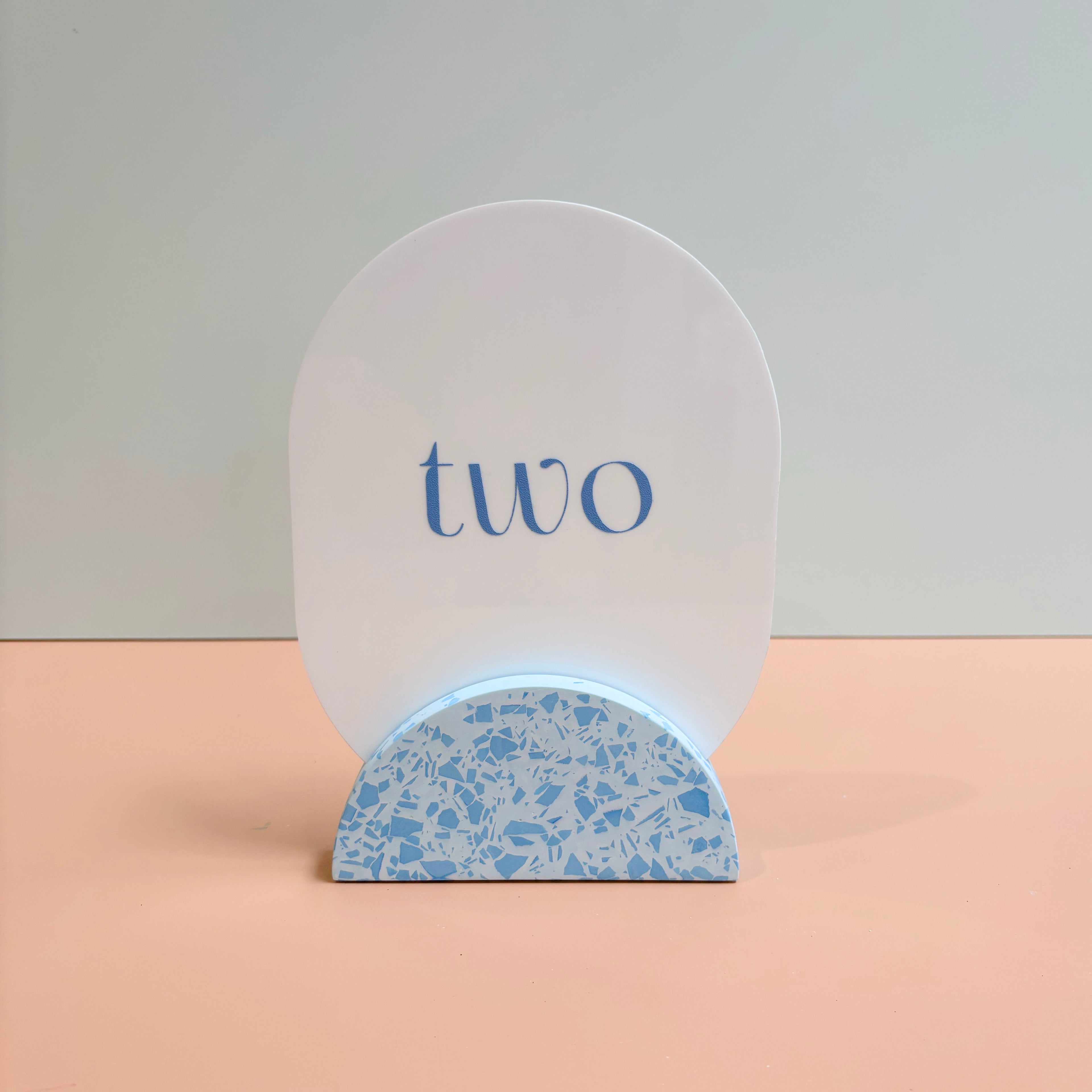Wedding table numbers, blue terrazzo