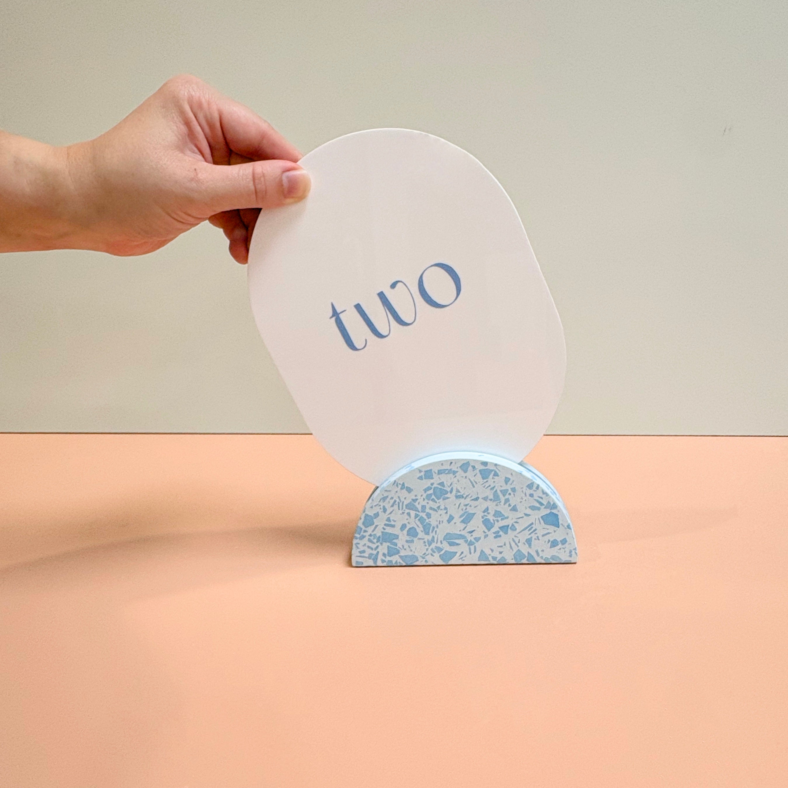 Wedding table numbers, blue terrazzo