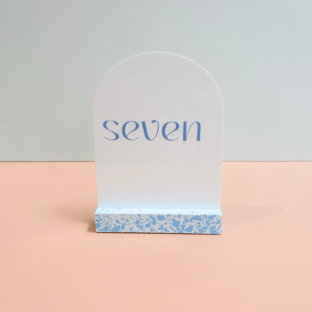 Blue Terrazzo Table Numbers – Handmade Acrylic Wedding Decor