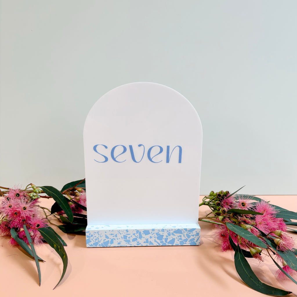 Blue Terrazzo Table Numbers – Handmade Acrylic Wedding Decor