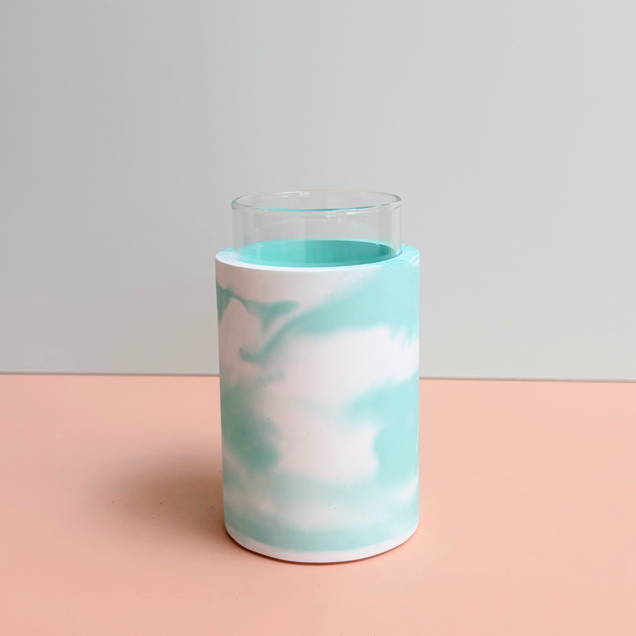 Swirling teal and white vase