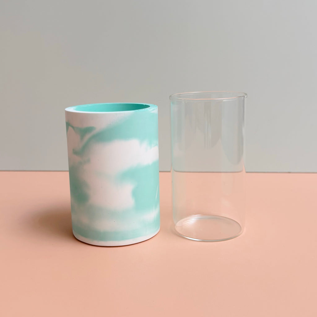Swirling teal and white vase
