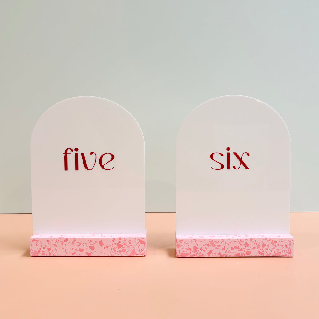 Wedding table numbers, pink terrazzo