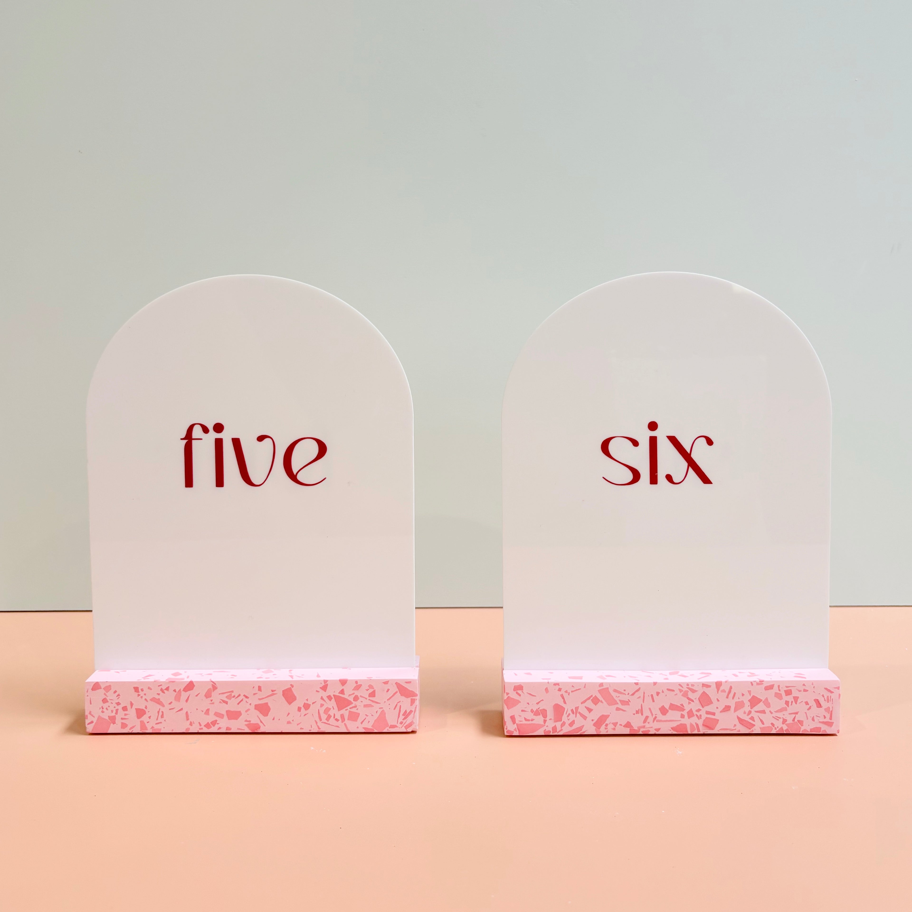 Wedding table numbers, pink terrazzo