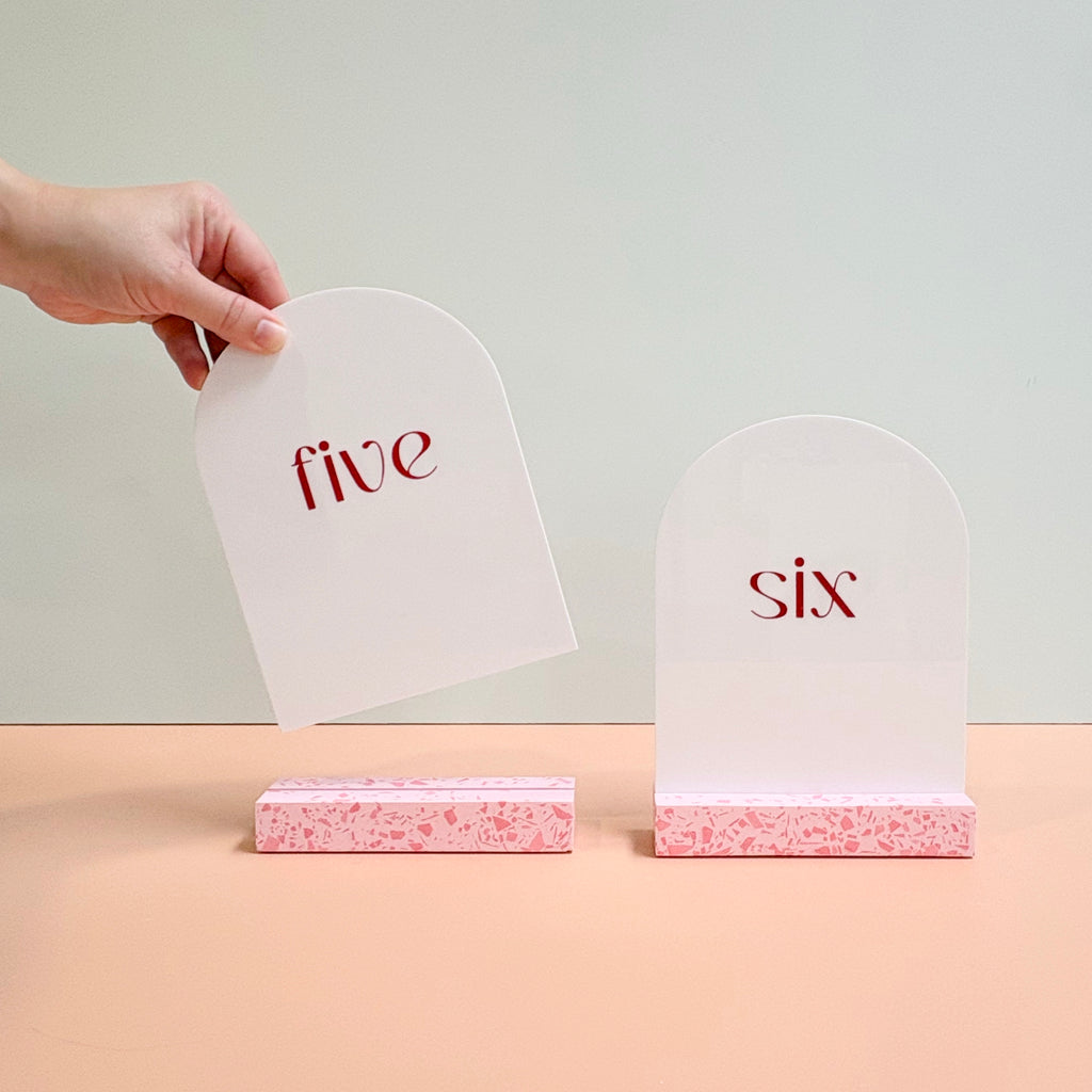 Wedding table numbers, pink terrazzo