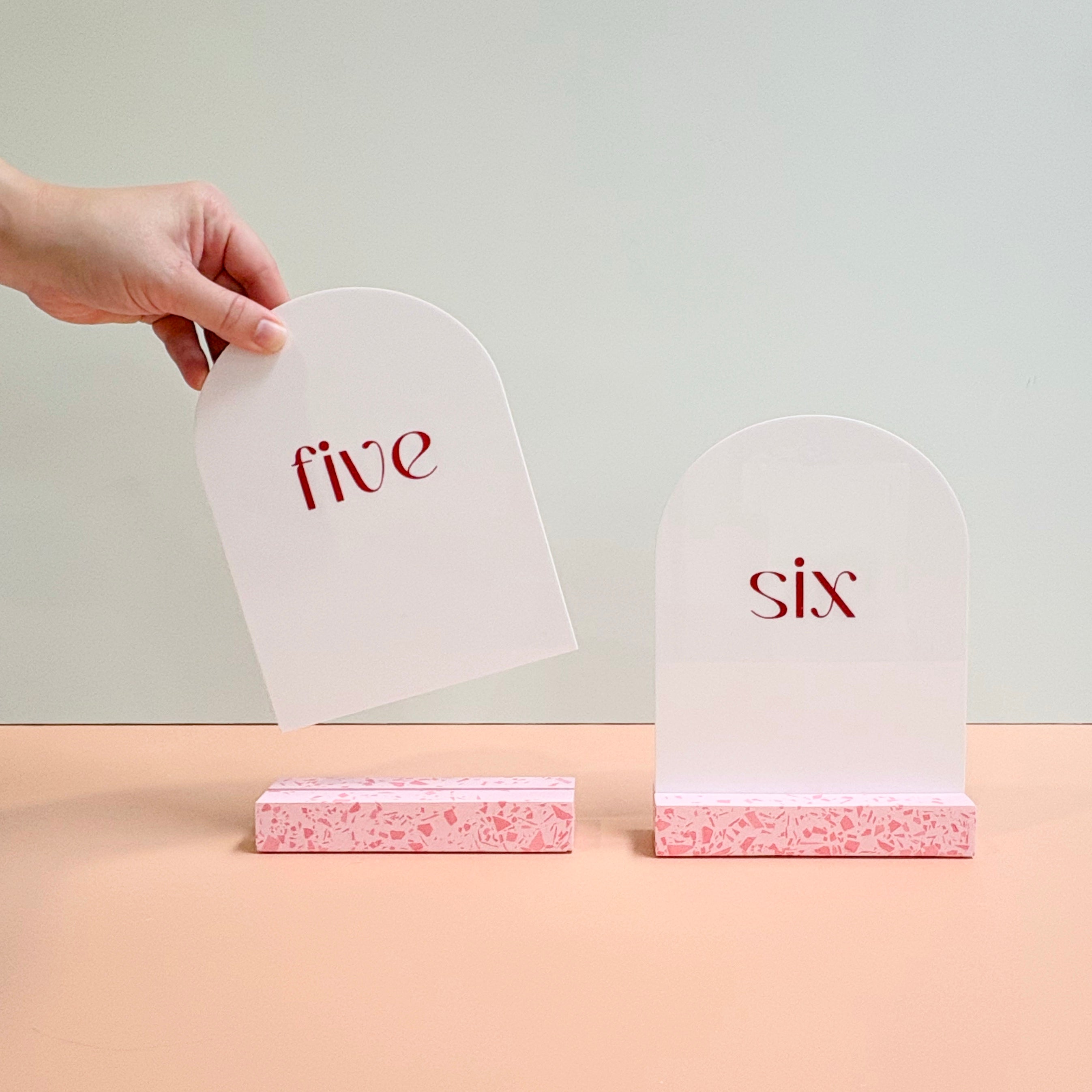 Wedding table numbers, pink terrazzo