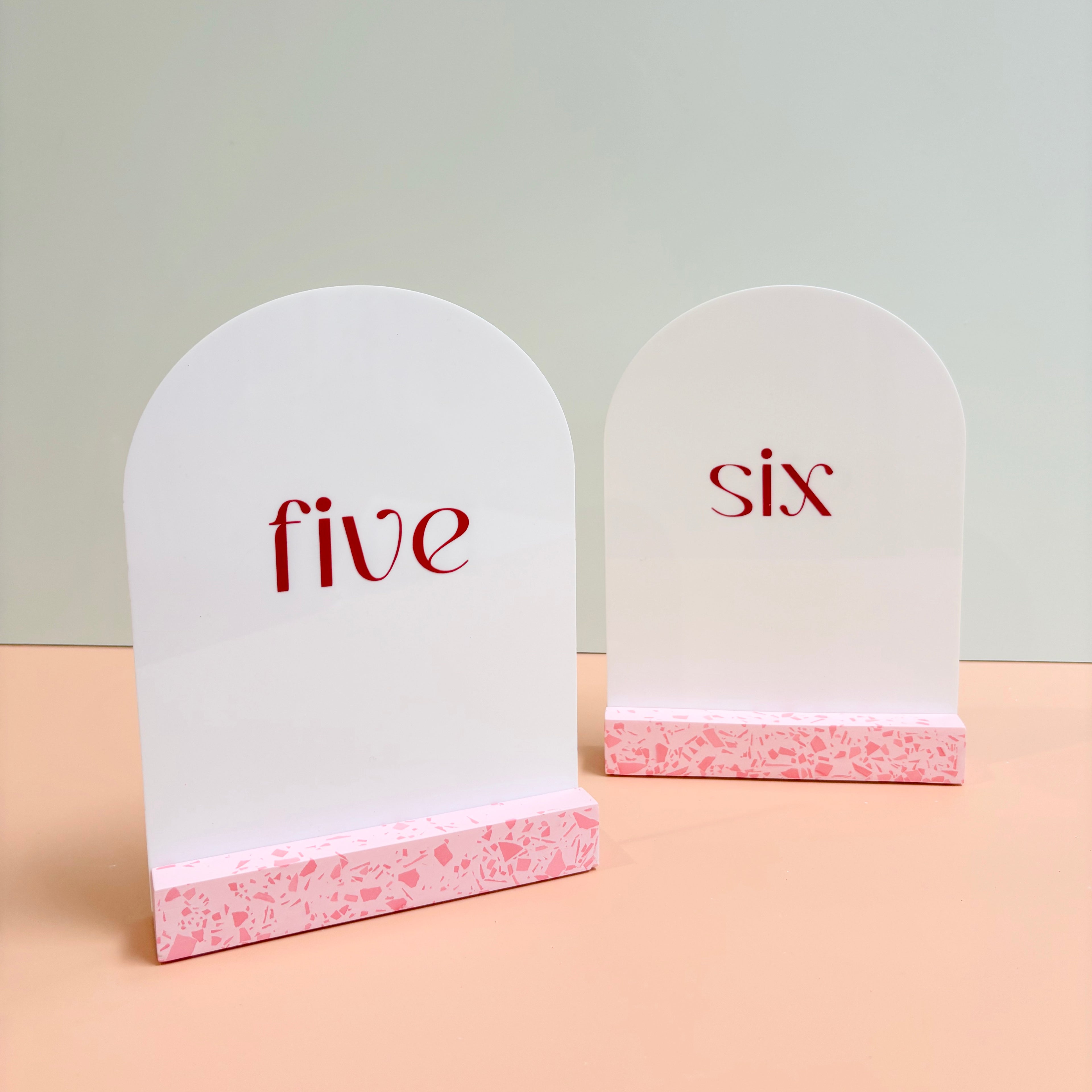Wedding table numbers, pink terrazzo