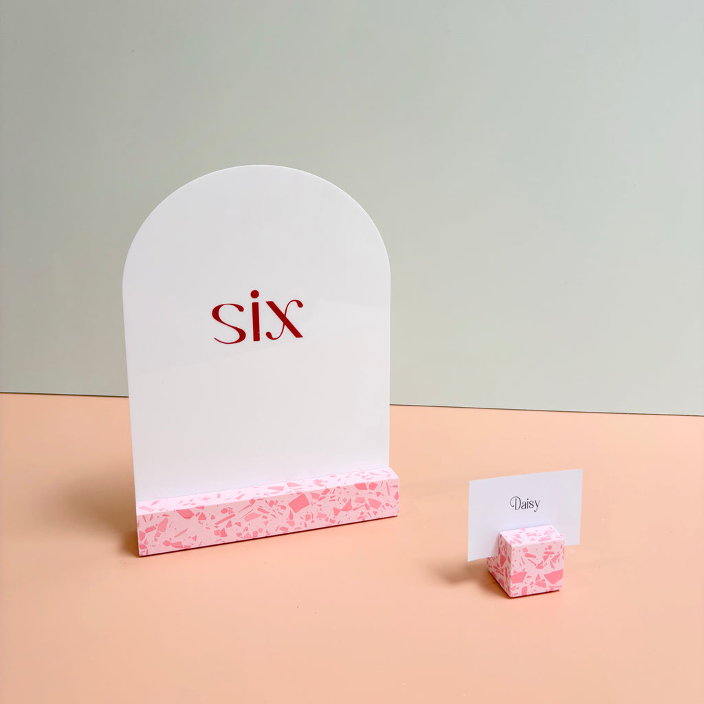 Wedding table numbers, pink terrazzo